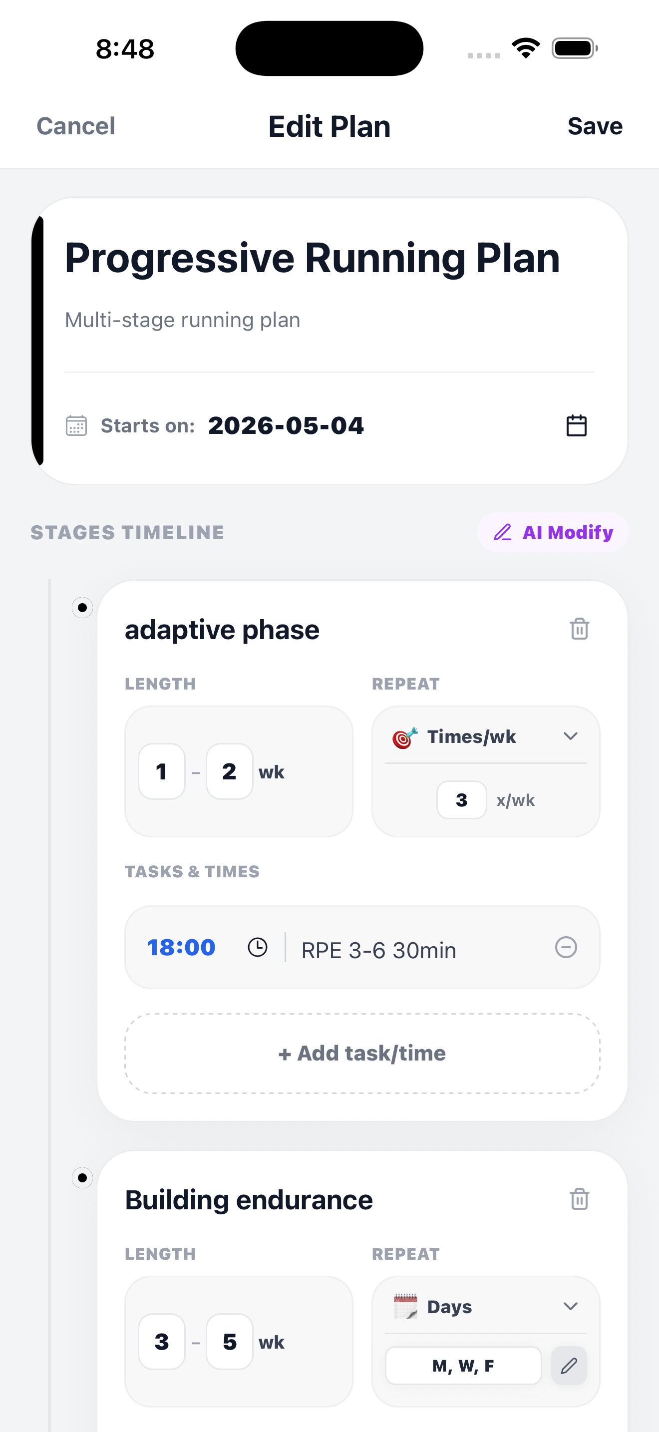 Rhythm app edit plan screen showing stages, repeat rules, tasks, and optional plan assistant controls